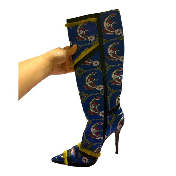 Casadei Italian Suede Leather Patchwork Fur Lined  Heeled Stiletto Boots - Picture 4 of 12